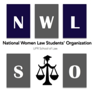 Logo National Women Law Students’ Organization, color blue and gray with the letters NWLSO in boxes and the balance of justices