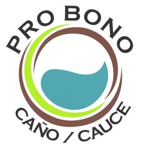 Logo ProBono Caño/CAUCE. El logo en forma circular esta compuesto por tres lineas formando el circulo de los colores verde y marron y en el centro se encuentra una gota color azul.