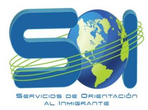 Logo ProBono Servicios de Orientación al Inmigrante. El logo esta compuesto por las siglas SOI en color azul y la O es el globo terráqueo con tres líneas color verde girando al rededor de las siglas.