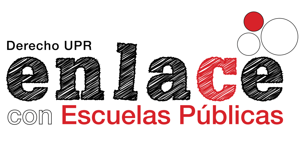Logo ProBono ENLACE con Escuelas Públicas. El Logo contiene la palabra ENLACE realizada como un dibujo hecho a mano con los colores negro y rojo y bajo la palabra se encuentra con (color blanco) y Escuelas Públicas color rojo.