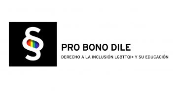 Logo ProBono Derecho a la Inclusión LGBTTQI+ y su Educación (DILE). Contiene a mano izquierda en un recuadro negro dos letras S entrelazadas con el centro de multicolor seguido por el nombre del ProBono a mano derecha.