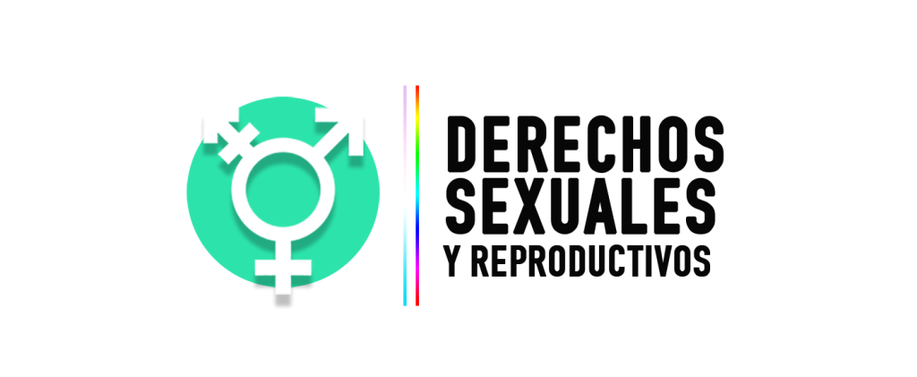 Logo del ProBono Derecho Sexuales y Reproductivos. Compuesto por la integración de los símbolos femenino, masculino y transgenero color blanco con un fondo color azul claro en forma de círculo. Continuo al logo se encuentra dos líneas multicolores seguido del nombre del ProBono.