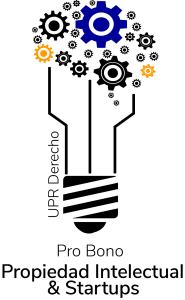 Logo del ProBono Propiedad intelectual & Startups. Compuesto por una bombilla que en su parte superior tiene un gran número de engranajes de colores azul, amarillo y negro.