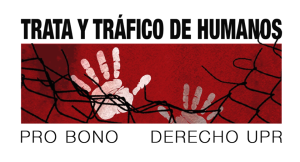 Logo ProBono Trata y Tráfico de Humanos. El logo contiene una red rota color negra que tiene atrapada dos manos color blanco en un fondo rojo.
