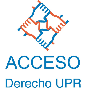 Logo del ProBono Acceso Derecho UPR. Contiene los colores azul y anaranjado en la parte superior se encuentran cuatro manos agarrándose entre ellas por las muñecas formando un diamante.