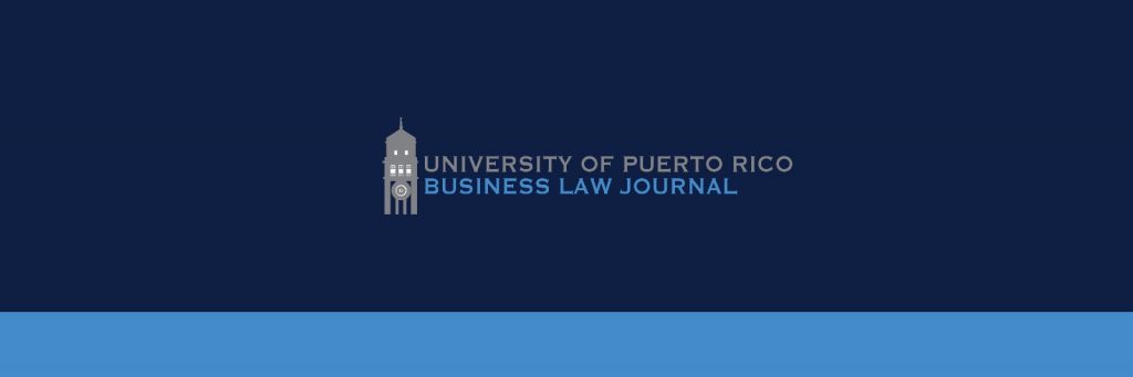 Logo University of Puerto Rico Business Law Journal (BLJ) with the color blue and gray the name of the Magazine accompanied with the siluete of the Tower of the University of Puerto Rico