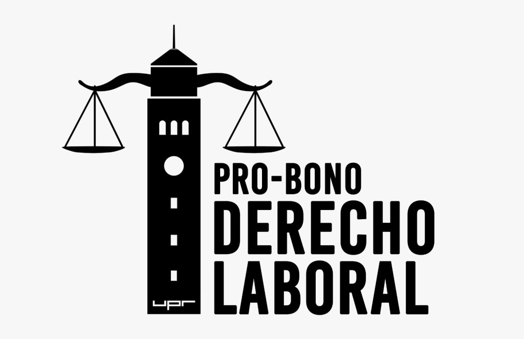 Logo ProBono Derecho Laboral. Compuesto por la Torre de la Universidad de Puerto Rico esta siendo la base de la balanza junto al nombre del ProBono.