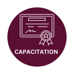 Icono de capacitación (UPR Resiliency Law Center) color vino que contiene un papel de certificado.